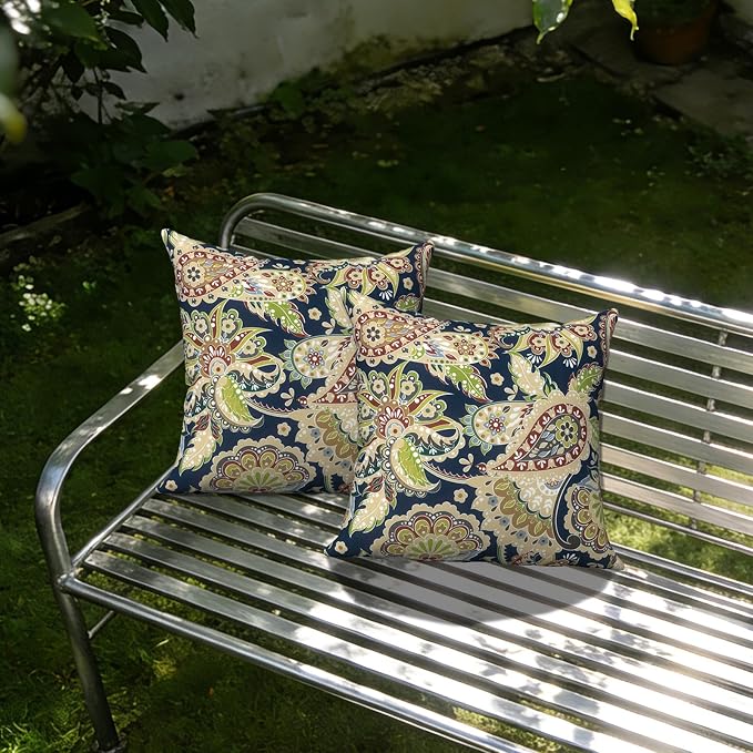Outdoor Throw Pillow Covers 18x18 Inch, Decorative Pillow Covers for Patio Furniture, Paisley Sapphire Blue Modern Cushion Cases for Garden Couch Home Sofa, Pack of 2