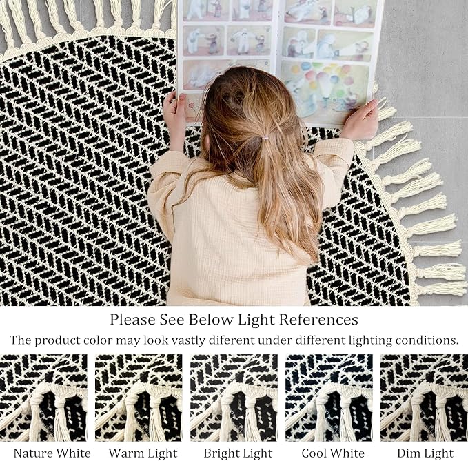 Lahome Boho Black and White Round Rug 3ft, Small Circle Bathroom Rugs | Lightweight Washable Rugs for Entryway with Tassels, Farmhouse Woven Cotton Non Shedding Mat for Dorm Bedroom Kitchen