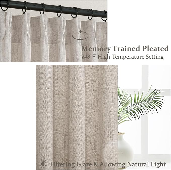 Greyish Brown Pinch Pleated Linen Sheer Living Room Curtains 84 Inches Long | Memory Shape Pleat Privacy Curtain Light Filtering Country Windows Drapes for Bedroom 7 FT Length 2 Panels Set 60"W x 84"L
