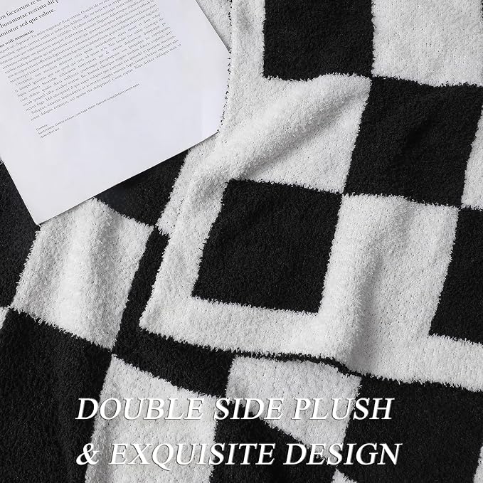 bearberry Soft Plush Throw Blanket for Couch, Cozy Warm & Lightweight | Knitted Fluffy Checkered Comfort Home Decor Gift for Women Mom Her, Sofa Chair Bed, 50x60in, Black