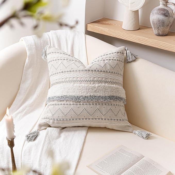 BlissBlush 20X20 Throw Pillow Cover, Cream Neutral Square Decorative Cushion Cover with Gray Pattern, Boho Accent Pillowcase with Tufted Details and Tassels for Couch Sofa Living Room (Cover Only)
