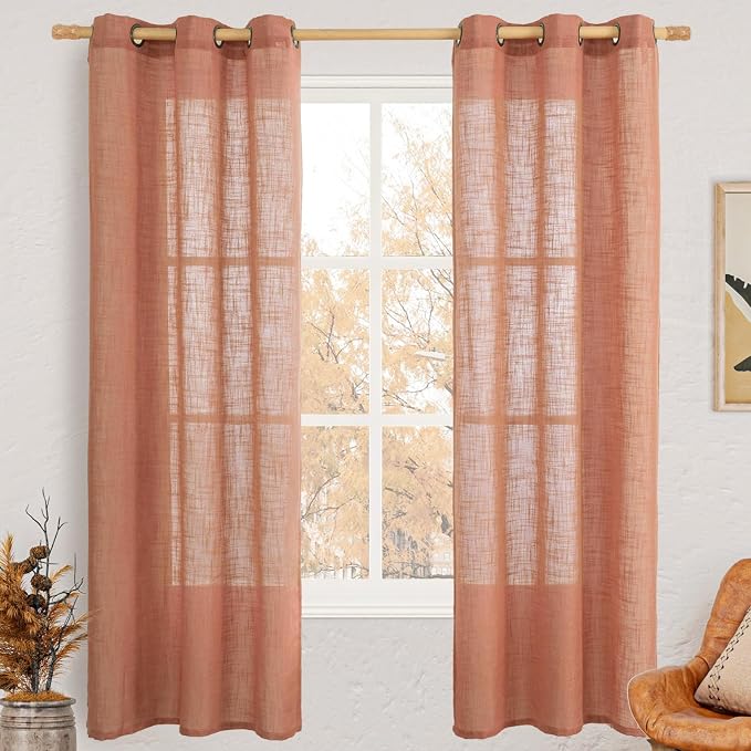 Terracotta Linen Curtains 72 Inches Long for Living Room 2 Panels | Semi Sheer, Light Filtering, Bedroom Curtains, Rustic Boho, Fall Decor, Drapes for Farmhouse, Bronze Grommet, 34 x 72 Inch