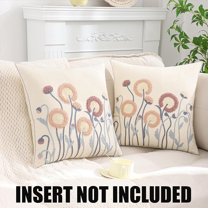 Fall Embroidered Throw Pillow Covers 18x18 Set of 2 Blowball | Durable Fabric,Square Pillow Cover,Boho Decorative,Hidden Zipper,Aesthetic Design,Ideal Gift,Machine Washable