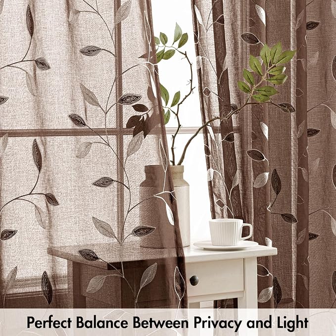 MIULEE Chocolate Brown Sheer Curtains 2 Panels Leaf Patterned, W52 x L63 | Embroidered Floral Semi Sheer,Rod Pocket,Faux Linen,Short Window Curtains Drapes Set for Kitchen/Bathroom/Cafe