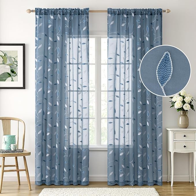 MIULEE Stone Blue Sheer Curtains 2 Panels Leaf Patterned, W52 x L63 | Embroidered Floral Semi Sheer,Rod Pocket,Faux Linen,Short Window Curtains Drapes Set for Kitchen/Bathroom/Cafe