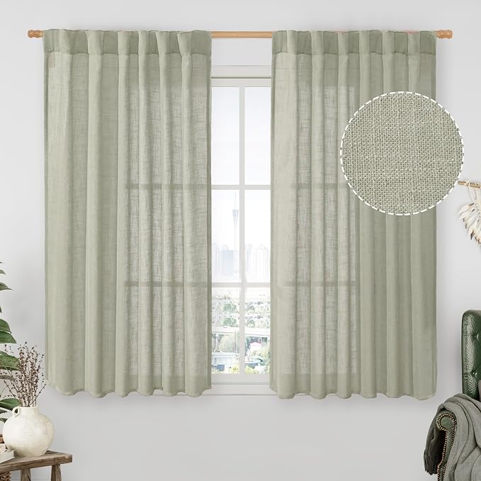 Sage Grey Linen Curtains 54 Inch Length 2 Panels for Bedroom | Light Filtering Panels, Semi Sheer, Rod Pocket Back Tab, Neutral Drapes for Kitchen Window, Living Room, 52 x 54 Inch
