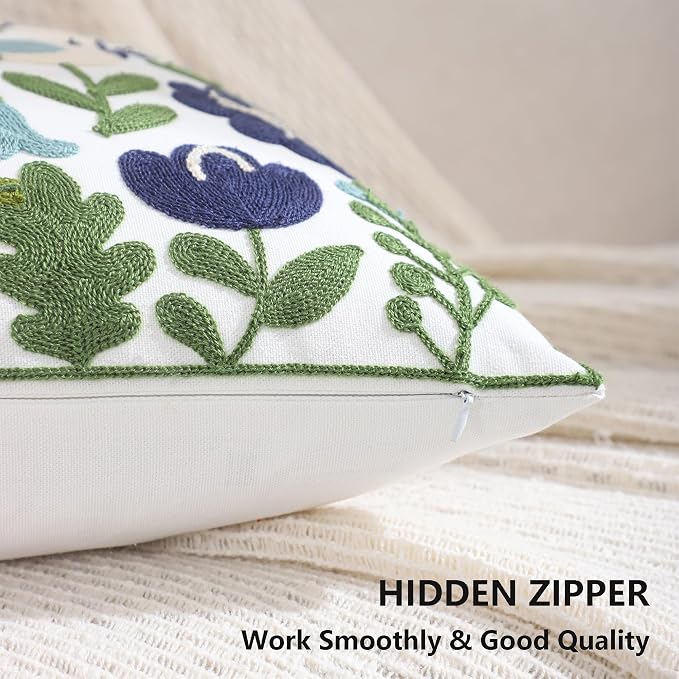 Embroidered Throw Pillow Covers 18x18 Pack of 2 Birds Pillow Covers Green Leaves with Floral Pillowcases Farmhouse Pillow Cushion Cases Square Navy Blue Flower Pillow Case Summer Home Decor