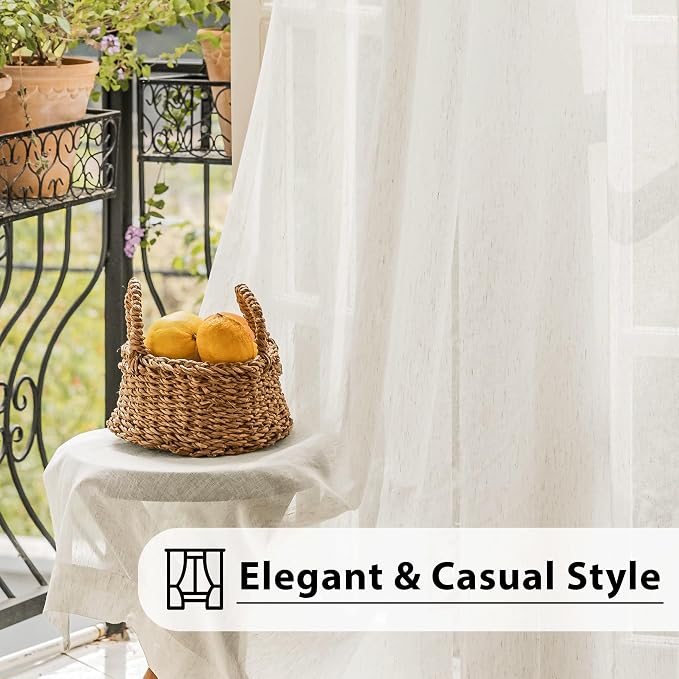 FMFUNCTEX Beige Linen Sheer Curtains, 90 Inches, 2 Panels for Bedroom | Natural Semi Sheer Drapes, Flax Linen, Rod Pocket, Light Filtering, Farmhouse French, Kitchen, Privacy, for Living Room