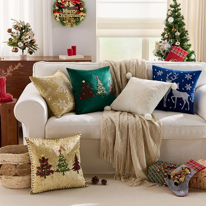 KINDREX Christmas Tree Throw Pillow Covers 18x18 Set of 2 Winter Holiday Decorative Gold Embroidered Luxurious Velvet Accent Pillowcase for Sofa Couch Bed Living Room Home Decor
