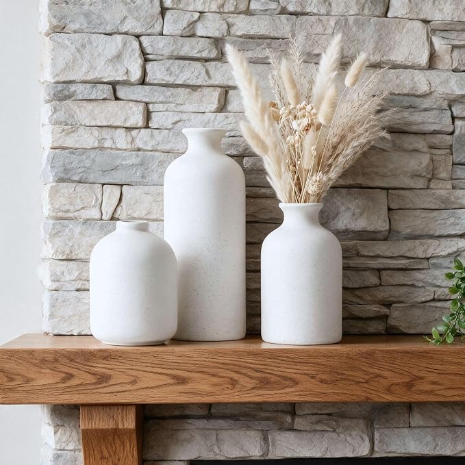 Small White Ceramic Vase Set of 3,Modern Boho Farmhouse Flowers Vases | Decorative Vase for Dried Flowers,Pampas Grass,Home Decor,Shelf,Bathroom,Centerpiece for Entryway Table Distressed