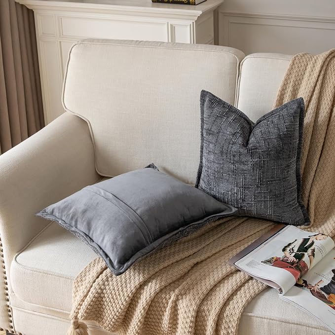 Yaertun Chenille Throw Pillow Covers 12x20 Inch Set of 2 Textured Broadside Soft Cozy Velvet Pillow Covers Modern Farmhouse Boho Decorative Pillow Cases for Couch Bed Sofa Livingroom Dark Gray