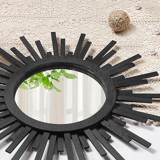 24 Inch Boho Sunburst Mirror, Round Wooden Wall Decor Starburst Sun Mirror for Bedroom, Living Room, Bathroom, Hallway, Balcony, Farmhouse Entryway, Housewarming Gift（Black