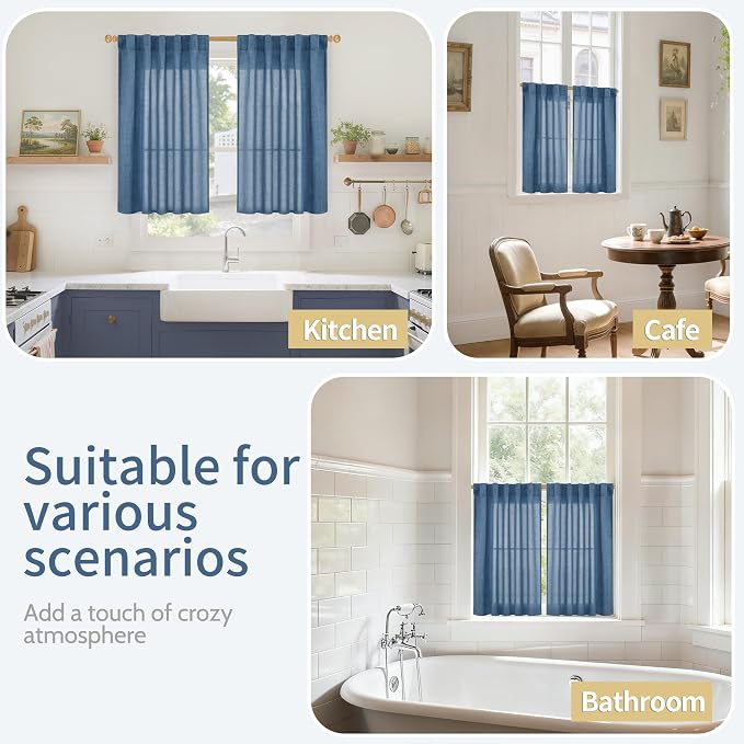 YoungsTex Navy Blue Linen Kitchen Window Curtains 40 Inch Length, Short Semi Sheer Drapes with Rod Pocket Back Tab Light Filtering Privacy for Cafe Bathroom Windows Over Sink, 2 Panels, 42 X 40 Inch