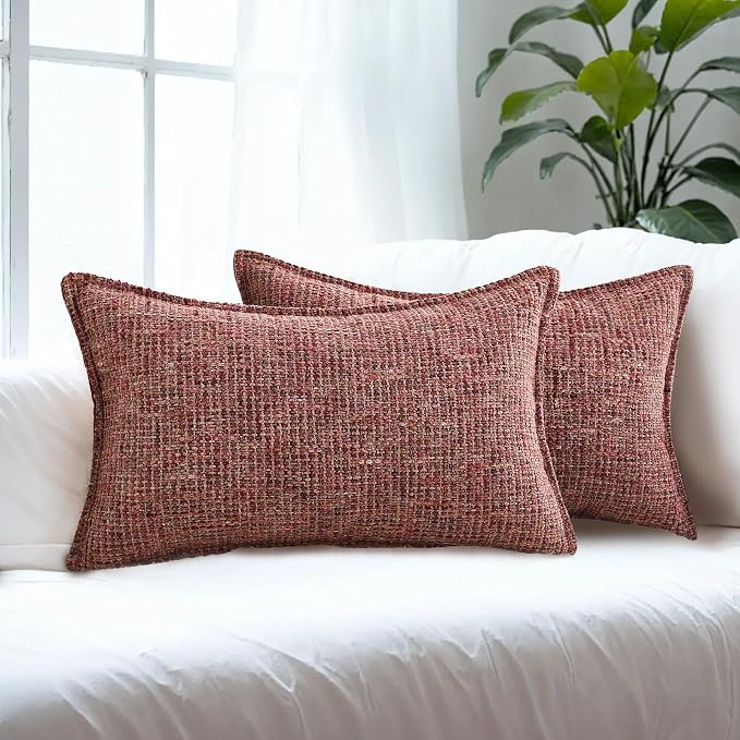 HAUSSY Pack of 2 Chenille Tweed Throw Pillow Covers 12x20 Inch, Burgundy