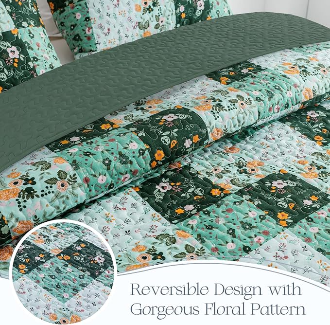 Exclusivo Mezcla Reversible Boho Quilts Queen Size Green | Lightweight Soft Bedspreads, All Season Patchwork Coverlet Bedding Set, Printed Floral Pattern, 1 Quilt and 2 Pillow Shams