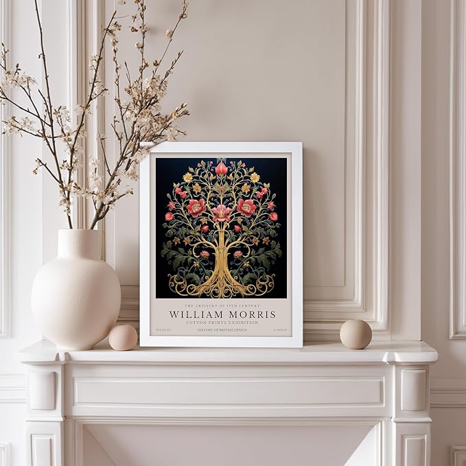 Poster Master William Morris Poster - Tree of Life Print - Flower Art - Tree Illustration - Exhibition Artwork - Aesthetic Artwork - Great Office or Bedroom Decor - 8x10 White Framed