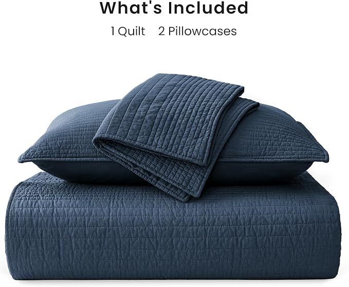 Love's cabin King Size Cotton Quilt Set, 100% Cotton Fabric Striped Textured Coverlet with Crinkled Look, Lightweight Quilted Bedspread for All Season, Includes 2 Pillow Shams, Navy