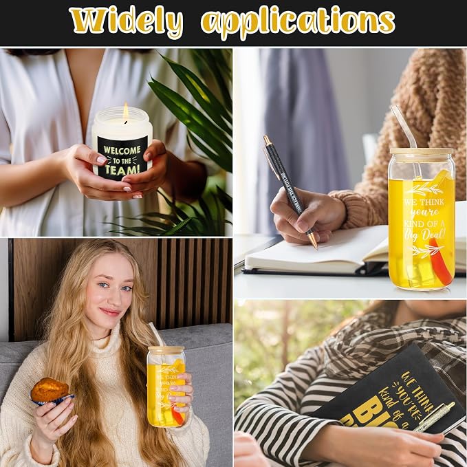 Thenshop 6 Pcs Welcome to the Team Gifts Bulk for New Employee Inspirational Glass Tumbler Notebook Pens Scented Candle with PVC Bag Employee Appreciation Gift Sets for New Coworker Office(Black)