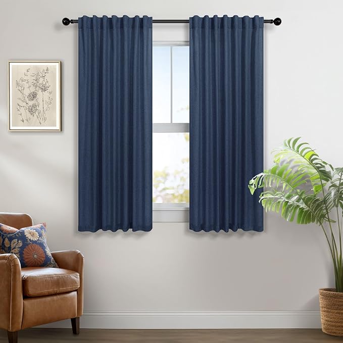 Navy Blue Cafe Curtains 45 Inch Linen Blend Back Tab 2 Panels