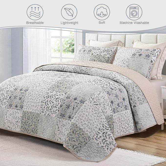 Exclusivo Mezcla Reversible Boho Quilts Twin Size Gray | Lightweight Soft Bedspreads, All Season Patchwork Coverlet Bedding Set, Printed Floral Pattern, 1 Quilt and 1 Pillow Sham