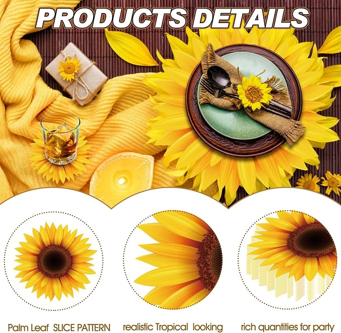 Geosar 200 Pcs Sunflower Disposable Paper Placemats Set 12x14 Inch | With Coasters for Drinks, Sunflower Table Decor Outdoor Indoor for Summer Dining Table Decoration Wedding Shower Birthday