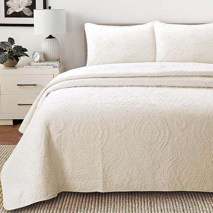 Cozy Line Home Fashions Ivory Cotton Quilt Set – 3-Piece Quilted Damask Medallion Bedspread with Shams, Textured All Season Elegant Bedding, King