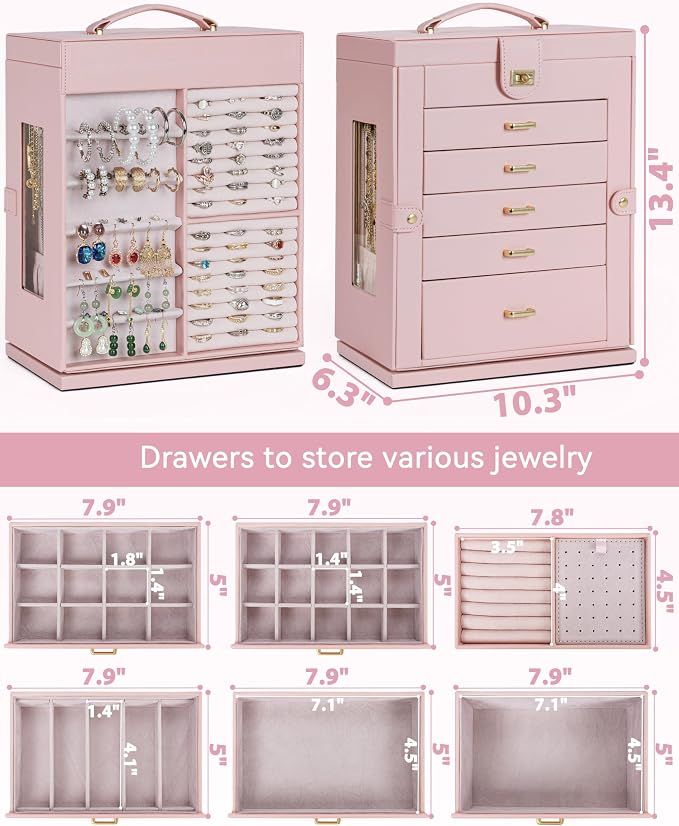 AKOZLIN 6-Tier Jewelry Box Organizer Functional 5 Drawers Leather Jewelry Storage Case for Women Girls Ring Necklace Earring Bracelet Holder Organizer with Mirror XL Pink 360° Rotating