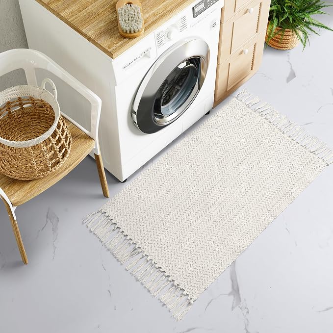 Lahome Boho Bathroom Rugs, Small 2x3 Front Door Mat for Kitchen, Washable | Indoor Entryway Area Rug Woven Cotton with Tassels, Farmhouse Non Shedding Beige Throw Low Pile Carpet for Bath Laundry