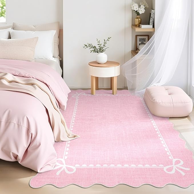 COZYLOOM 4x6 Scalloped Living Room Rugs Washable Kids Bedroom Rug, Non Slip Stain Resistant Modern Bow Rug Non Shedding Low Pile Solid Carpet Foldable Bordered Mats for Entryway, Dining Room, Pink
