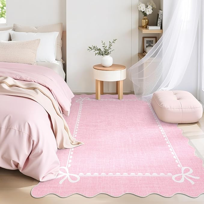 COZYLOOM 9x12 Area Rug for Bedroom Washable Kids Room Rug with Rubber Backing, Stain Resistant Scalloped Bow Printed Rugs Non Shedding Low Pile Bordered Carpet for Living Room, Dining Room, Pink