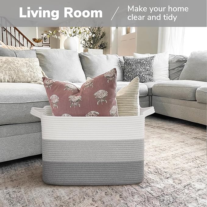 Goodpick 50L Large Woven Storage Basket, 18" x 14" x 12", Gradient Gray | Stylish Gift Basket for Home Decor, Cotton Rope Baskets for Toys & Nursery Essentials, Living Room & Bedroom Organization