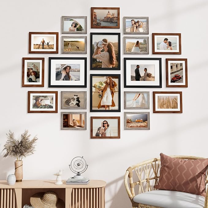 Vittanly 20 Pack Gallery Wall Frame Set, Black, Walnut Brown, Dark Grey | Picture Frames Collage Wall Decor for Wall or Tabletop Display, Picture Frame Set: 4pcs 8x10, 8pcs 5x7, 8pcs 4x6, MDF Wood