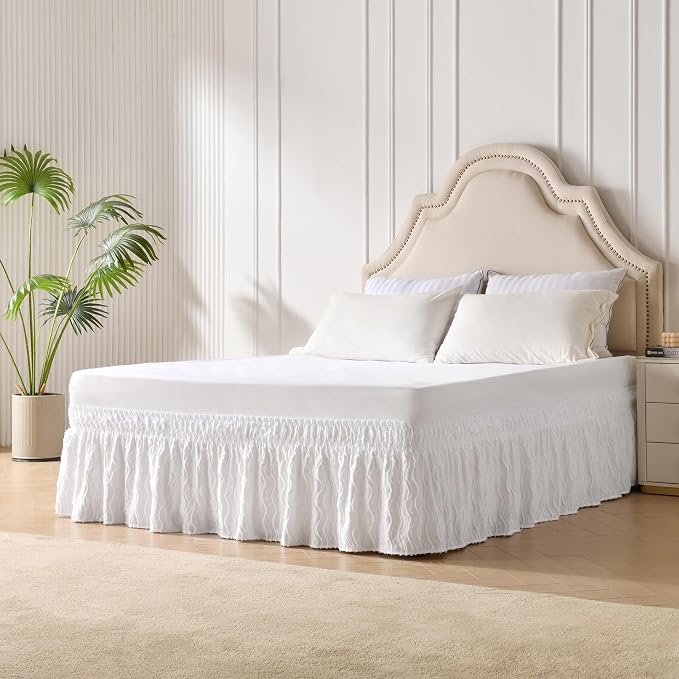 MIYE Wrap Around Ruffled Lace Bed Skirt, Elastic Dust Ruffle with Adjustable Belts, Easy to Put On, Bed Frame Cover, Machine Washable (Wavy/White, King/Queen-12.5" Drop)