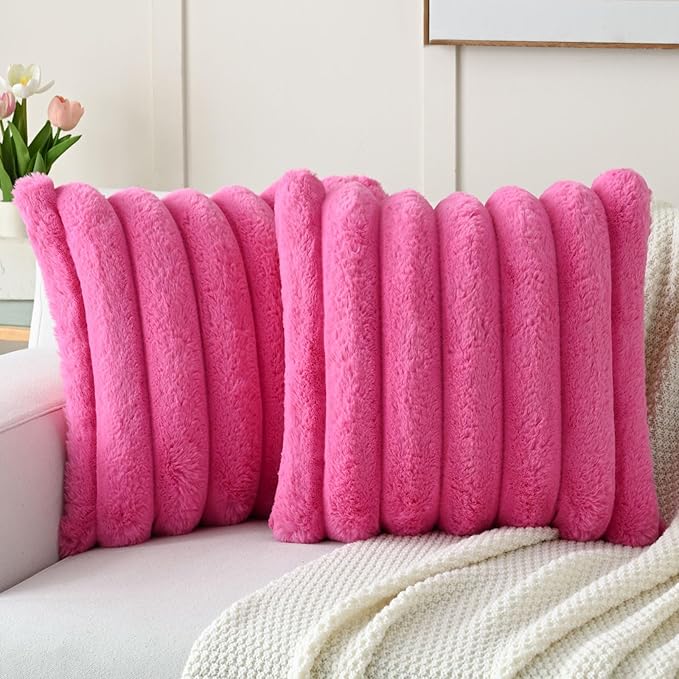 HAUSSY Pack of 2 Pillow Covers 26x26 Inch, Faux Fur Decorative Couch Throw Pillows Soft Striped Plush Cushion Covers Home Decor Cute Furry Pillowcase for Living Room Sofa Bed, Hot Pink (Covers Only)