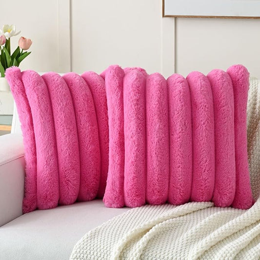 HAUSSY Pack of 2 Pillow Covers 24x24 Inch, Faux Fur Decorative Couch Throw Pillows Soft Striped Plush Cushion Covers Home Decor Cute Furry Pillowcase for Living Room Sofa Bed, Hot Pink (Covers Only)