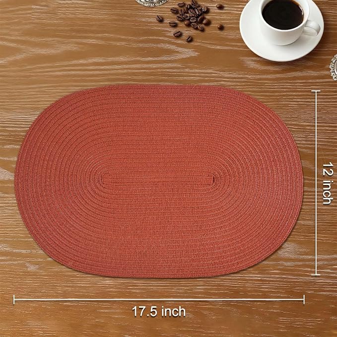Placemats Set of 4, Woven Oval Braided Dining Table Mats(Rust Orange) | 12 x 17.5 Inch Size Fits Plates and Flatware; Hand Washable and Heat Resistant for Kitchen Use, with Farmhouse and Boho Style