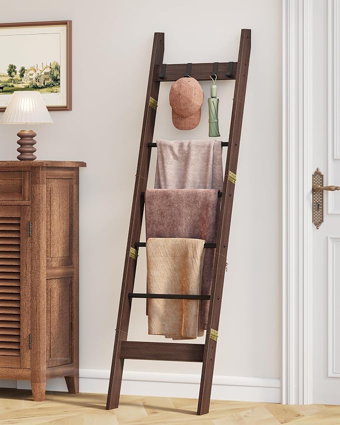 Hzuaneri Blanket Ladder Decorative Quilt Rack with 4 Removable Hooks | 6-Tier Farmhouse Ladder Holder Shelf Organizer for Living Room Bedroom, Black Tea Brown and Black BR31520B