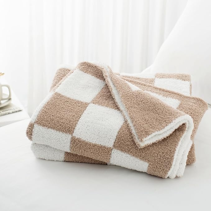 Carriediosa Checkered Throw Blanket 60x80, 400GSM Ultra Soft Microfiber | Taupe, Fuzzy Fluffy Cozy Plush Knit Knitted Plaid Checker, Lightweight Cute Preppy Fall Blankets & Throws for Couch, Bed
