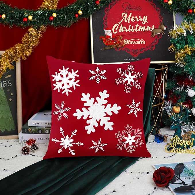 BRAWARM Christmas Pillow Cover 18 X 18 Inches, Christmas Red Snowflake Embroidered Pillow Cover, Soft Velvet Decorative Throw Pillow for Couch Bed Sofa Living Room Home