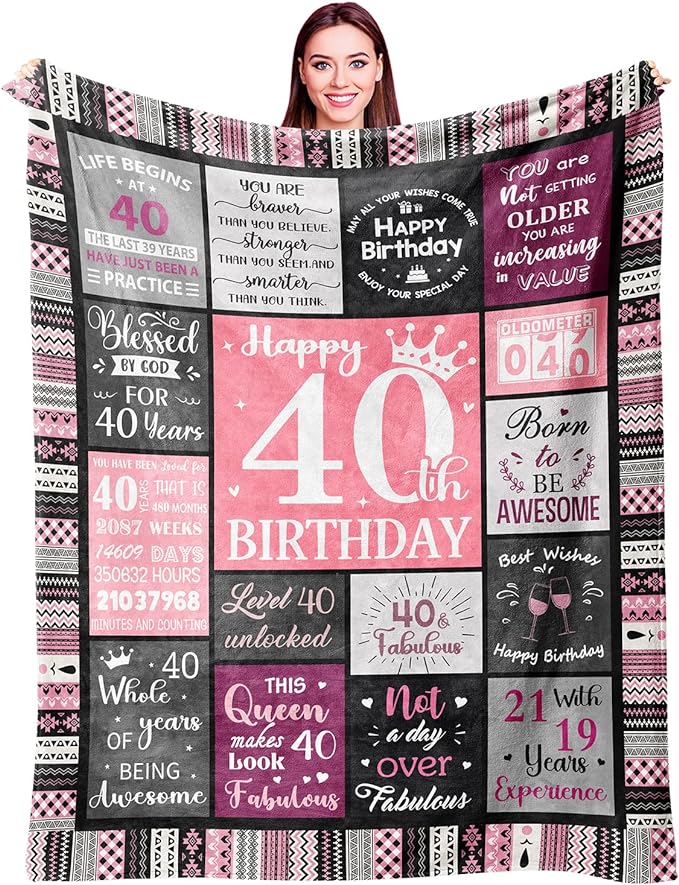 Ivivis 40th Birthday Gifts Women Blanket 60”X50”, 40th Birthday Decorations for Women, Happy Forty Birthdays Gift Ideas for Woman, 1986 Birthdays Gifts for 40 Year Old Woman Throws
