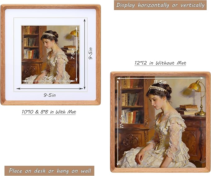 Square 12x12 Picture Frame with Mat for 8x8/10x10, USA-Sourced Natural Teak Wood Handcrafted Rounded Corner with Real Glass, Vertical or Horizontal Display Photo Gallery Wall Mounting Frame