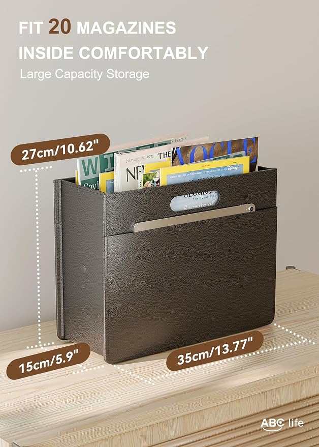 ABC life 2 PACK Magazine Basket Holder, Black | PU Leather Foldable Magazine Rack, Newspaper Book Storage Bin Organizer for Living Room Home Office