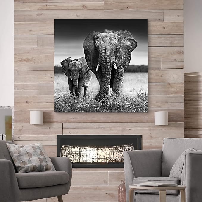 Elephants Canvas Picture Wall Art: Black and White African Animal Painting for Living Room Bedroom - 36"x36" Gray Decor