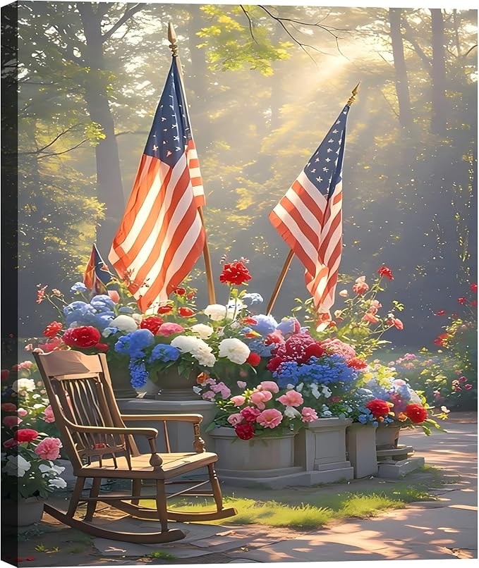 Framed American Flag Floral Garden Wall Art, Patriotic 4th of July Canvas Art Pictures, USA Flag Flower Wall Decor, Made in USA Ready to Hang for Living Room Porch
