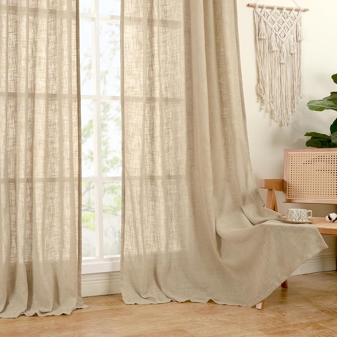 Faux Linen Window Curtains 63 inches Long for Bedroom 38 x 63 Inch | Linen Drapes, Light Filtering, Semi Sheer, Privacy, Window Curtains for Living Room, Rod Pocket Back Tab, 2 Panels, Brown