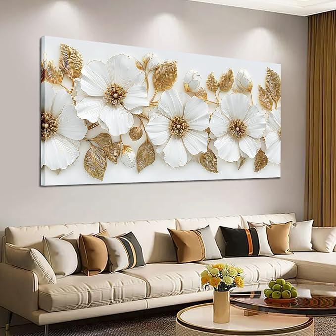 Large Canvas Wall Art for Living Room White and Gold Floral Print Painting wall Decor for Bedroom Office Modern Home Botanical Framed Wall Decorations Artwork Size 30x60 Ready to Hang