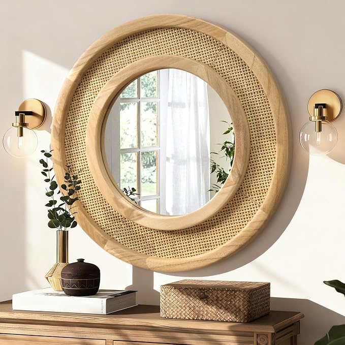 JJUUYOU Wooden Mirror Circle Mirrors for Wall 20 Inch Circular Hanging Mirrors with Wood Frame for Living Room Bathroom Vanity Entryway Hallway