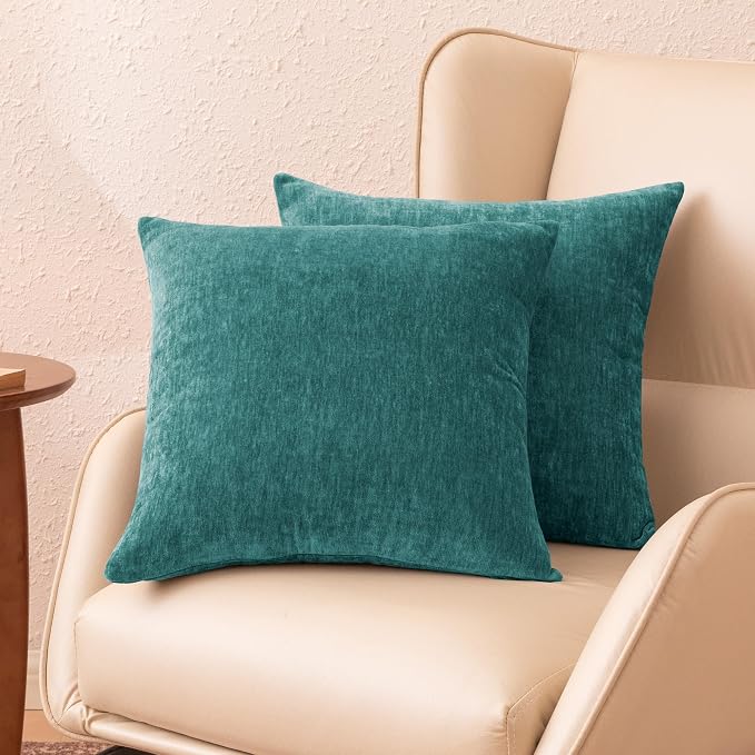 Amazon Basics Chenille Throw Pillow Covers, Home Decor Cushion Cover for Bedroom Living Room Couch Bed, 22" W × 22" L, Deep Teal