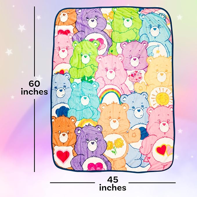 Silver Buffalo Care Bears Featuring Tenderheart, Harmony, Good Luck, Bedtime, Love-A-Lot, Cheer, Share, Funshine, Grumpy, Wish, and Friend Bear 45” x 60” Fleece Throw, Soft and Cozy Blanket, 250 GSM