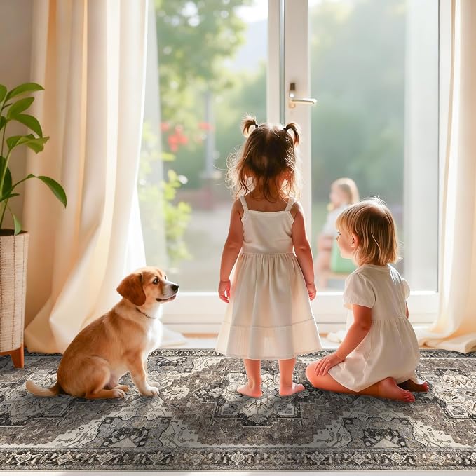 2x8 Washable Hallway Runner Rug - Non-Slip Kitchen Rugs Low Pile Entryway Runners Vintage Soft Carpet Thin Lightweight Indoor Home Decor Floor Mat for Bathroom Laundry Room Bedroom(Beige,2x8)